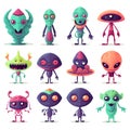 Cute cartoon monsters alien set. Comic halloween joyful monster characters. Funny devil, ugly alien and smile creature flat vector