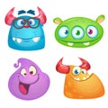 Cute cartoon monsters collection. Vector set of 4 Halloween monster icons. Royalty Free Stock Photo