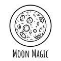 Cute cartoon moon doodle image. Moon magic logo. Media highlights graphic symbol