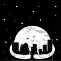 Cute cartoon moon in the night city. Vector illustration