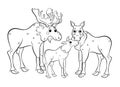 Cute cartoon moose family vector coloring page outline. Male and female mooses with little moose. Coloring book of forest animals Royalty Free Stock Photo