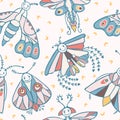 Cute cartoon moth with happy smiling face and night moons