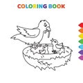 Cute cartoon mother bird takes food for her babies coloring book for kids. black and white vector illustration for coloring book. Royalty Free Stock Photo