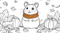 Autumn Mouse with Scarf and Pumpkins Fall Monochrome Coloring Page Royalty Free Stock Photo