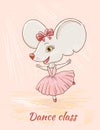 Cute cartoon mouse ballerina dancing in a dance class. Vector illustration suitable for decoration door plate.