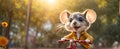 Cute cartoon mouse on a bicycle good walk fictional