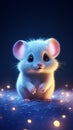 A cute cartoon mouse with big eyes and ears on magical background