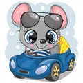 Cartoon Mouse with cheese in glasses goes on a Blue car Royalty Free Stock Photo