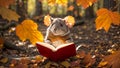 beautiful cartoon mouse reading a book in the autumn park design domestic character Royalty Free Stock Photo