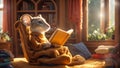 Cute cartoon mouse reading book fantasy home house animal studying education occupation Royalty Free Stock Photo