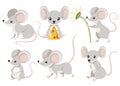 Cute cartoon mouse set. Funny little grey mouse collection. Emotion little animal. Cartoon animal character design. Flat vector Royalty Free Stock Photo