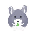 Cute cartoon mouse or small rodent eating isolated on white background. Hand drawn violet chinchilla eating leaf. Childish vector