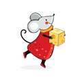 Cute cartoon mouse in vector. Kawaii mouse holds a piece of yellow cheese. Hand drawn funny rat. Chinese symbol 2020 new year. Royalty Free Stock Photo