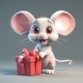Cute Cartoon Mouse With Very Big Eyes With A Big Gift Box. Generative AI Royalty Free Stock Photo