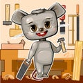 Cute cartoon Mouse at workbench in the carpentry workshop with a saw and a hammer. Flat style. Helps dad. Picture for