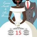 Cute cartoon mulatto bride and groom.Retro Wedding invitation