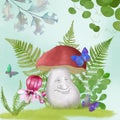 Cute cartoon mushroom illustration Fairy forest watercolor illustrated scenery Magic environment Flowers leaves and butterfly