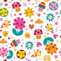 Cute cartoon mushrooms, flowers, hearts & birds nature seamless pattern