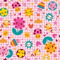 Cute cartoon mushrooms, flowers, hearts & birds nature seamless pattern Royalty Free Stock Photo