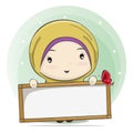 Cute Cartoon of a Muslim Girl Holding a Board for Text Space