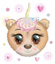 Cute cartoon muzzle bear with a unicorn horn