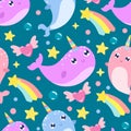 Cute cartoon narwhal seamless background