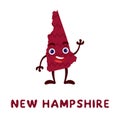 Cute cartoon New Hampshire state character clipart. Illustrated map of state of New Hampshire of USA with state name. Funny