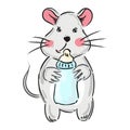 Cute cartoon newborn baby mouse with bottle of milk. Vector illustration of an animal on white background Royalty Free Stock Photo