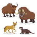 Cute cartoon North America and Europe animals set. Muskox, yak, otter and coyote. Vector drawings for kids.