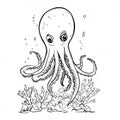 Cute Octopus Drawing with Tentacles and Coral - Black and White Line Art Royalty Free Stock Photo
