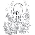 Cute Cartoon Octopus Sketch Underwater Bubbles. Royalty Free Stock Photo
