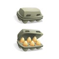 Cute cartoon open tray with eggs and closed tray on white background.