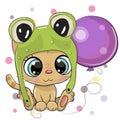 Cute Cartoon Orange kitten in a frog hat with balloon