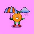 Cute cartoon orange in the rain using umbrella Royalty Free Stock Photo