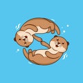 Cute cartoon otter couple holding hands. Kawaii little otters in love