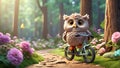 Cute cartoon owl on a bicycle in the summer park creative flowers rides walk