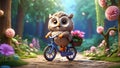 Cute cartoon owl on a bicycle in the summer park creative flowers