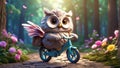 Cute cartoon owl on a bicycle in the summer park creative flowers rides