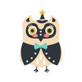 Cute cartoon owl bird in smart clothes and a hat with a star colorful character vector Illustration