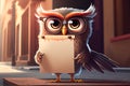 Cute Cartoon Owl Character Holding a BlankSign. Generative AI Royalty Free Stock Photo