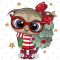 Cute Cartoon Owl with Christmas tree on a white background Royalty Free Stock Photo