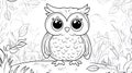 Cute Owl Outline Drawing, Sitting on a Branch with Leaves and Grass Royalty Free Stock Photo