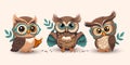 Cute cartoon owl in glasses set with a book, smart student kids collection, teacher student bird funny animal.