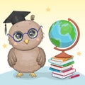 Cute cartoon owl in a graduation cap with books and a globe.