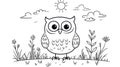 Cute Black and White Owl Sitting in Field, Line Art Drawing for Coloring Royalty Free Stock Photo