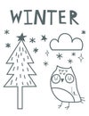 Cute cartoon owl and tree. Winter line vector illustration on a blue background. Scandinavian style flat design. Concept Royalty Free Stock Photo