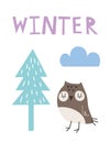Cute cartoon owl and tree. Winter vector illustration on a blue background. Scandinavian style flat design. Concept Royalty Free Stock Photo