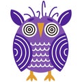 Cute cartoon owl vector illustration. Purple bird hypnotized. Isolated icon on white background, flat style