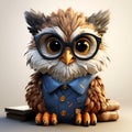 Cute cartoon owl wearing a blue jacket and reading glass