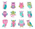 Cute cartoon owls. Nice forest owl, cutie wild colorful animals. Kids illustrated woodland birds, adorable boho style